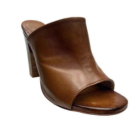 MARTE'S Walnut Brown Leather Open Toe Block‎ Heel Mules - Picture 1 of 10